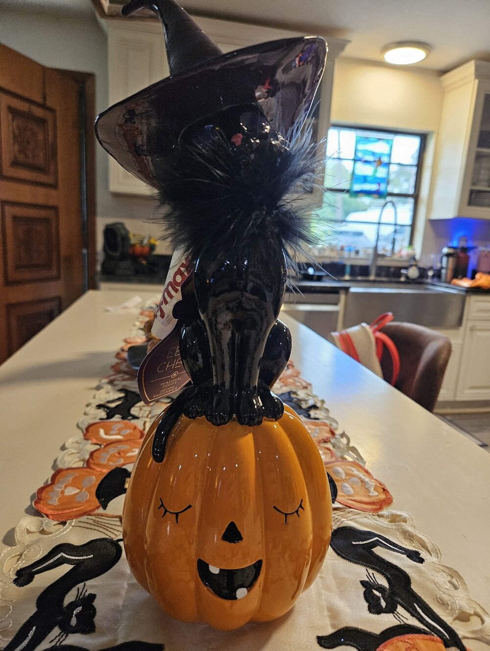 Casafield 13" Hand-Painted Pre-Lit Ceramic Halloween Black Cat on Pumpkin Tablet